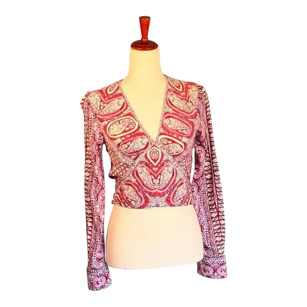 Free People Boho Cropped V-Neck Blouse Pink Print Boho Chic Printed Floral XS